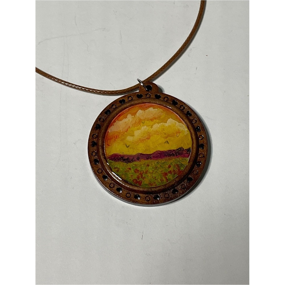 ROSES ON THE MOUNTAIN Oil painted Wooden Pendant Necklace Sunset Artwork